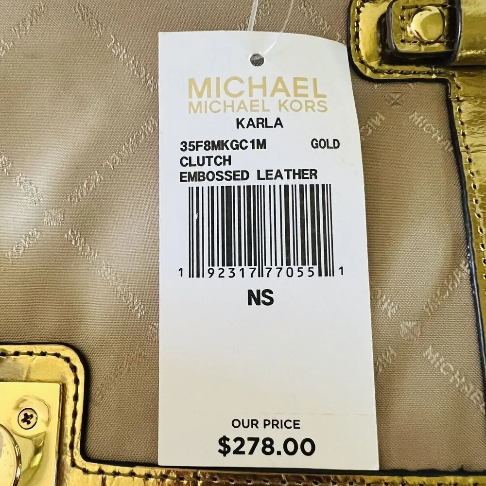 MICHAEL KORS Karla Gold Embossed Leather Clutch Chain Crossbody Bag